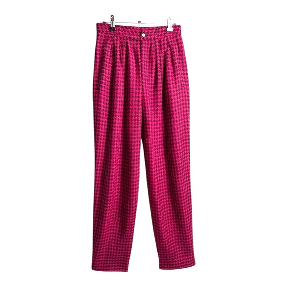 Vintage 1980 GENERRA Houndstooth Trousers Hot Pink Super High Rise Rayon Size 9 - Picture 2 of 13